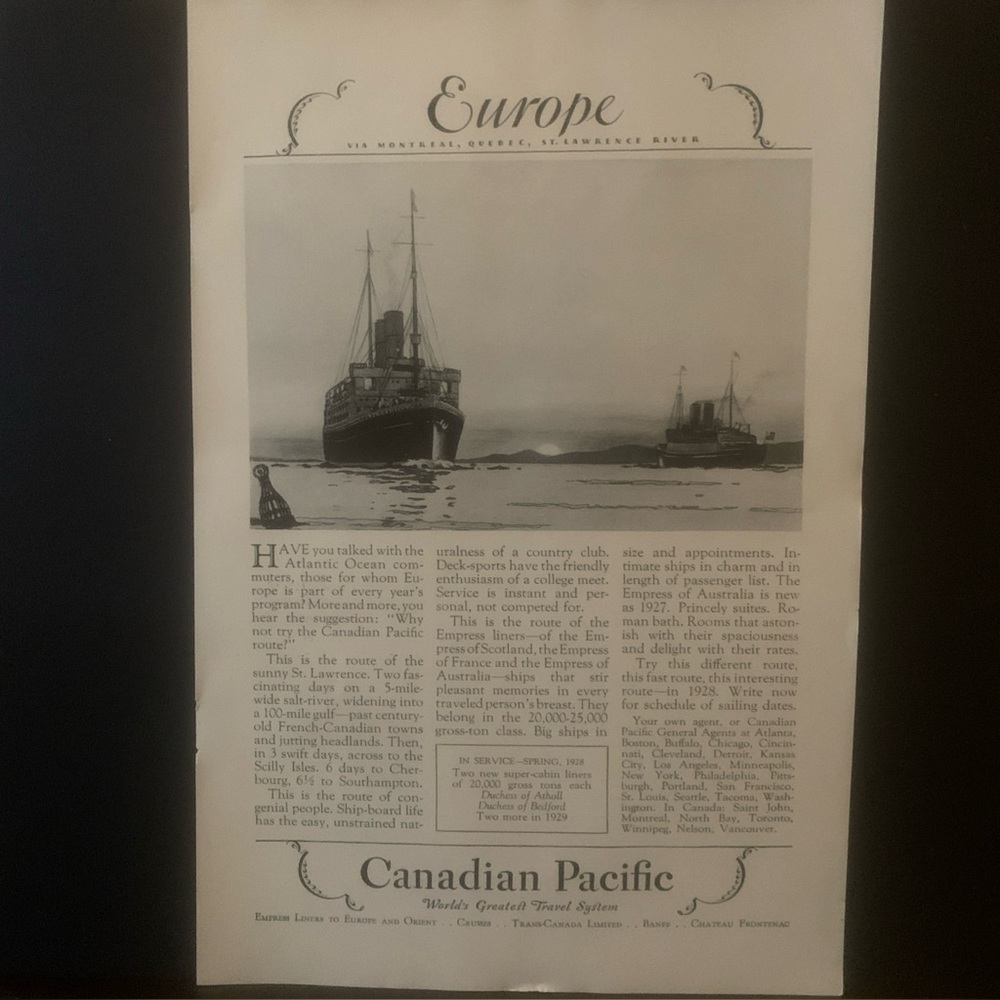 Vintage 1928 Canadian Pacific Europe Cruise Ad Advertisement
